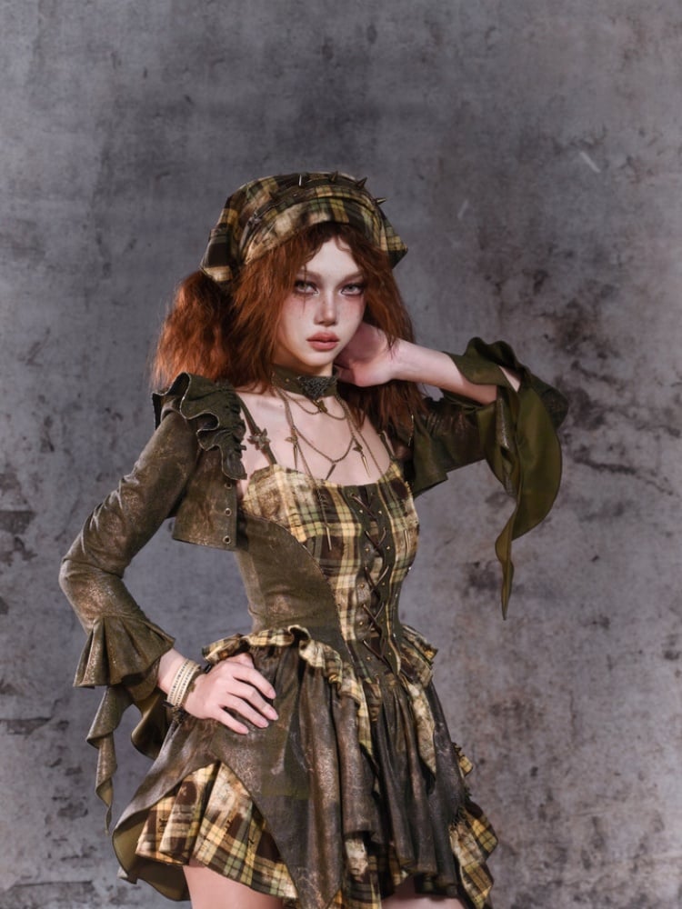 Green Asymmetrical Ruffled Cuff Shrug with Flutter Sleeve Detail at Shoulder