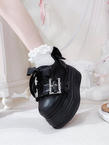 Black Bow Accents Beaded Buckle Design Jirai Kei Platforms Shoes