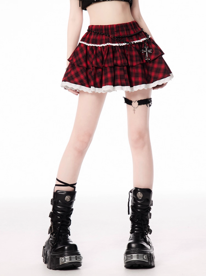 Red and Black Plaid Tiered Skirt
