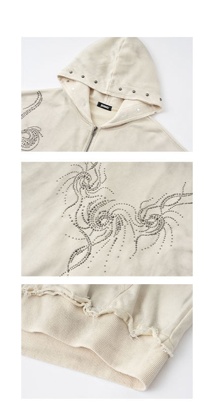 Wasteland Punk Studs Design Beige Washed Loose Casual Zip Hoodie