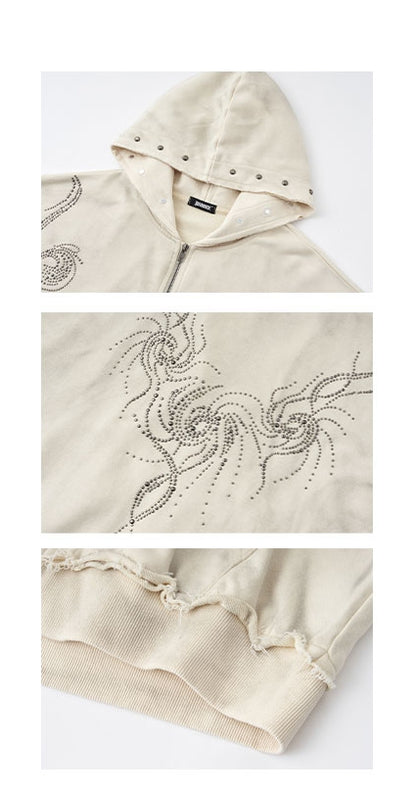 Wasteland Punk Studs Design Beige Washed Loose Casual Zip Hoodie