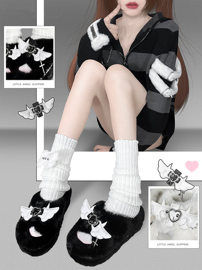 Cross Wings Decorated Black Plush Platform Slippers Punk Winter Shoes