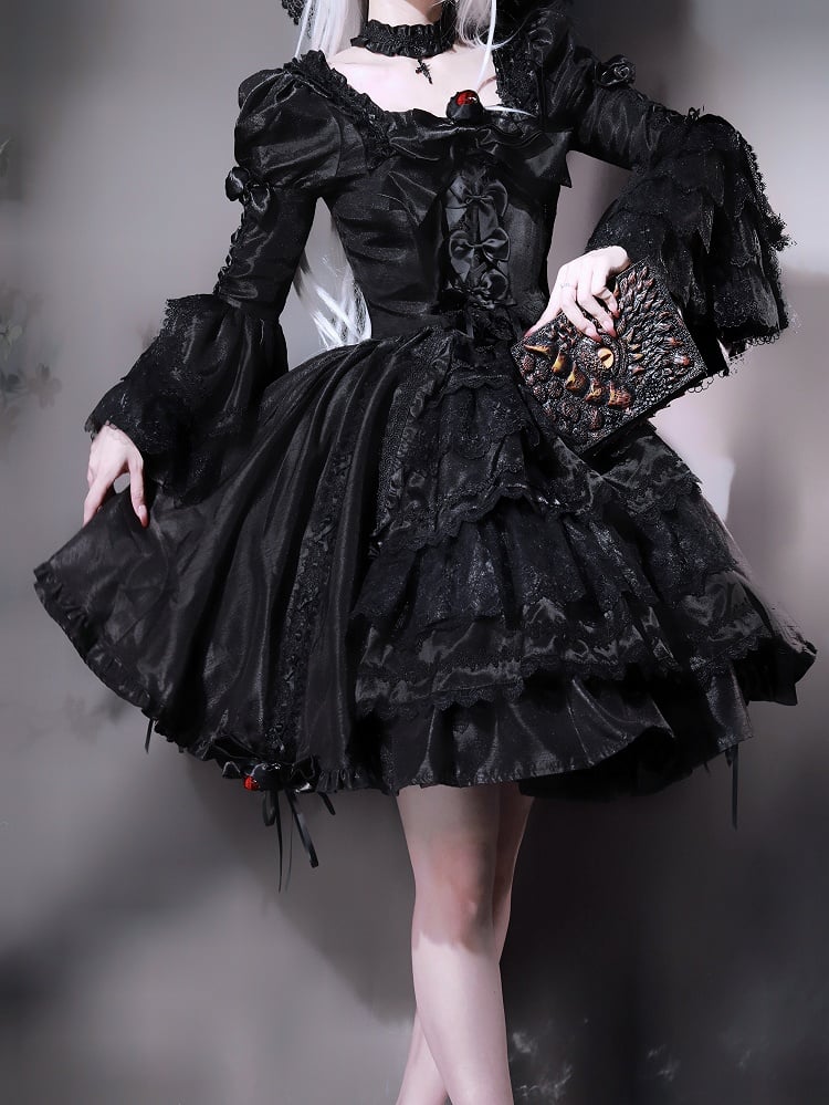 Black Layered Bell Sleeves Kuro Gothic Lolita Dress Bowknot Details and Drawstring Skirt