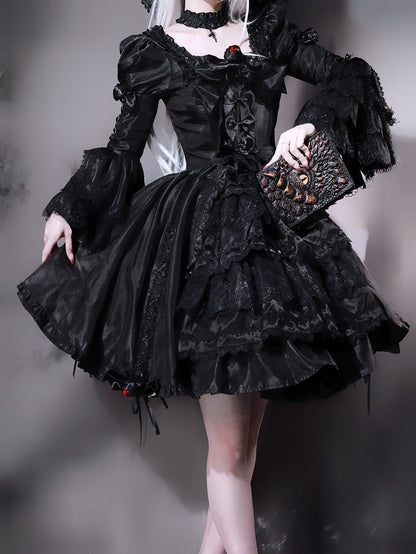 Black Layered Bell Sleeves Kuro Gothic Lolita Dress Bowknot Details and Drawstring Skirt