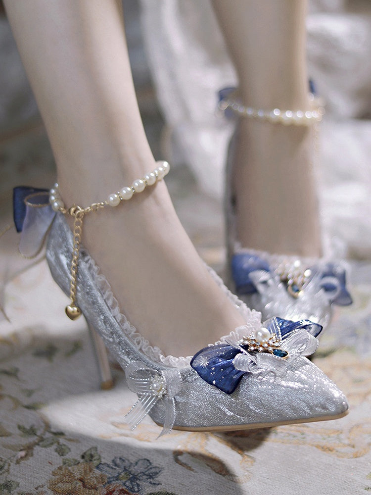 Silver Glittering Bow at Top Detachable Beaded Chain 6CM/8CM Hime Lolita Heels