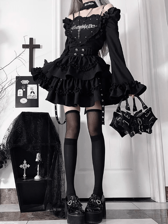 Black Gothic Off-the-shoulder Neckline Letter Print Bell Sleeves Dress