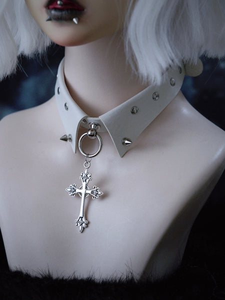 Y2K Studs White Gothic PU Cross Choker