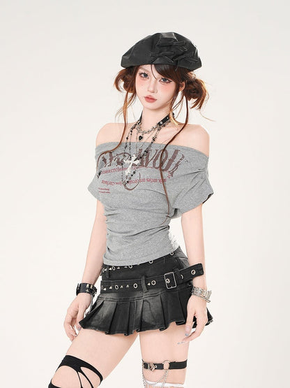 Off-the-shoulder Neckline Letter Print Gray/Navy Blue Slim-fitting T-shirt