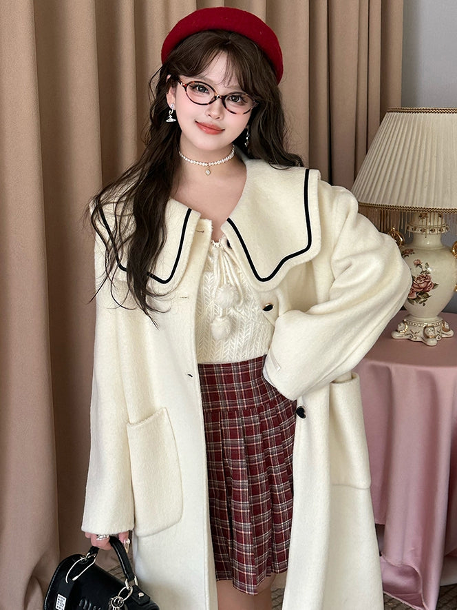 Plus Size Milk White Sailor Collar Heart Buttons Woolen Coat
