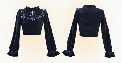 Bowknot Details Black Ruffle Neckline Cropped Sweater