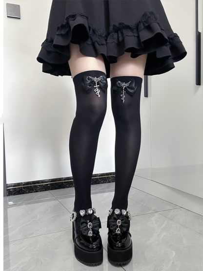 Gothic Black Metal Snake Bowknot Accents Jirai Kei Over Knee Stockings Regular/Long Version