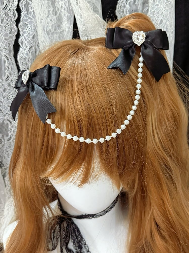 Two Black Rhinestone Heart Decorated Bead Chain Bowknot Hairclips