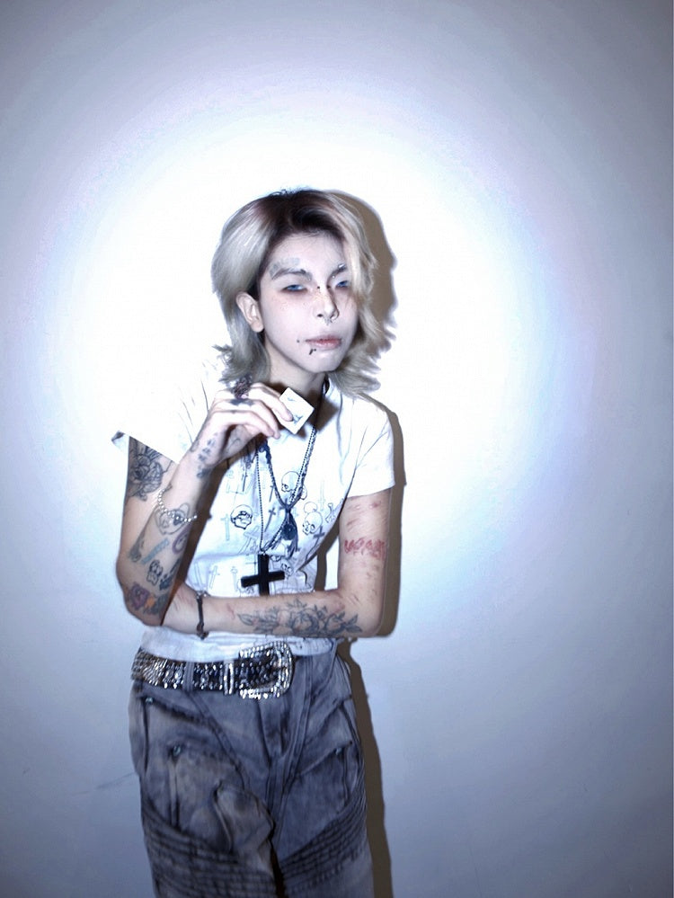 Black/White Skeleton and Cross Pattern Top