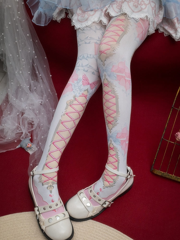 Pink/Blue/Black/Yellow/Red Asymmetrical Crisscorss Banded And Butterfly Print Tights