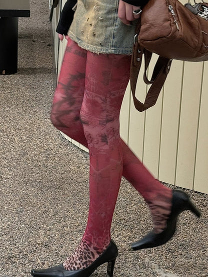 Red 100D/20D Star Leopard Print Lace Trim Tights