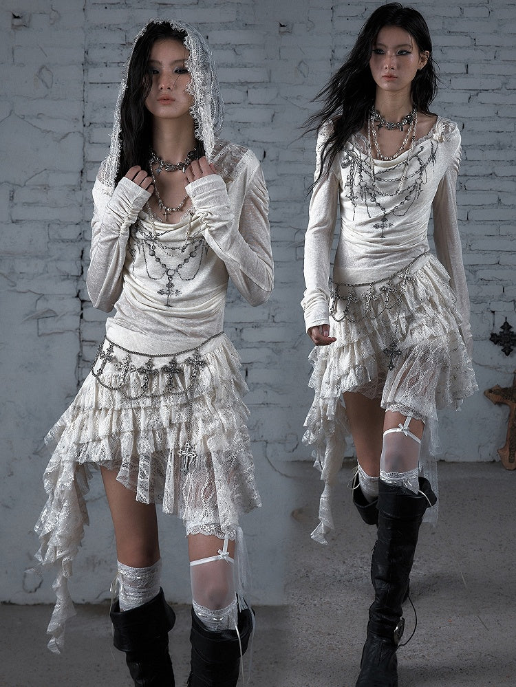 Black/Beige Wasteland Punk Cross Beaded Chain Print Lace Trim Dress