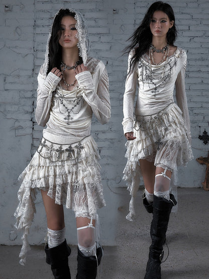 Black/Beige Wasteland Punk Cross Beaded Chain Print Lace Trim Dress