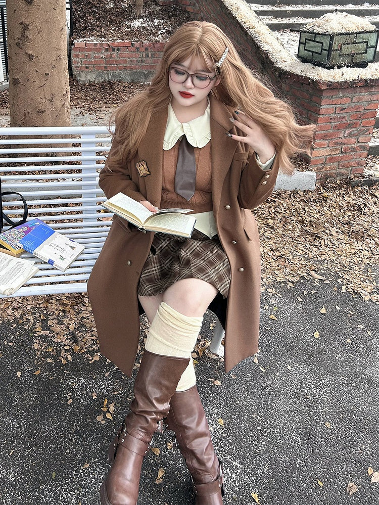 Plus Size White Preppy Shirt / Brown Plaid Pleated Skirt