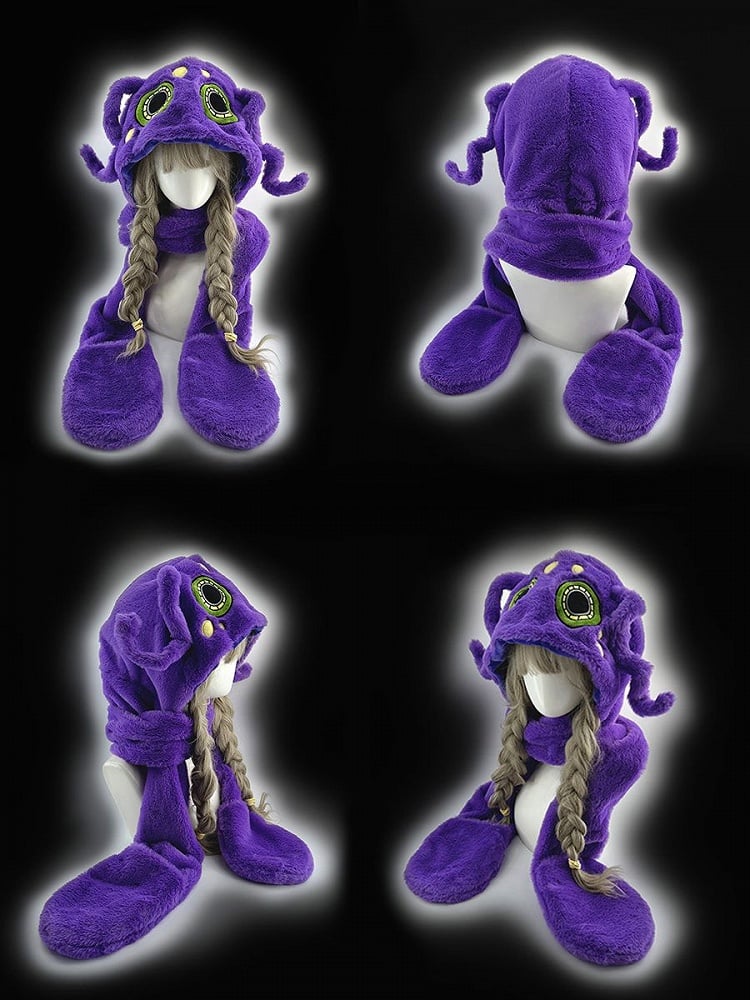 Purple Octopus Gothic Winter Plush Hat with Scarf Gloves