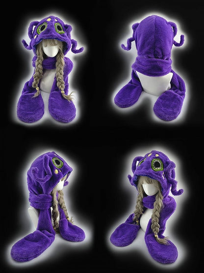 Purple Octopus Gothic Winter Plush Hat with Scarf Gloves