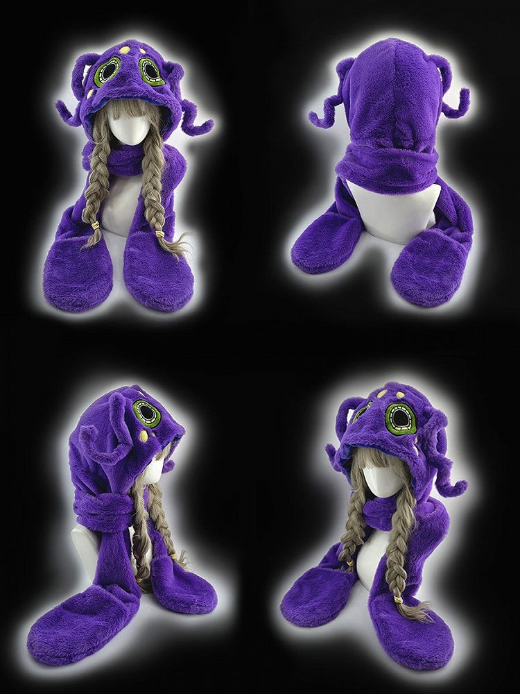 Purple Octopus Gothic Winter Plush Hat with Scarf Gloves