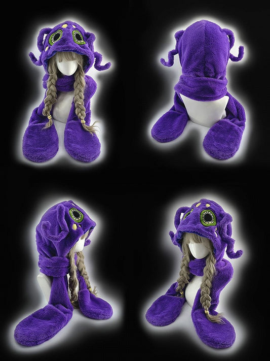 Purple Octopus Gothic Winter Plush Hat with Scarf Gloves