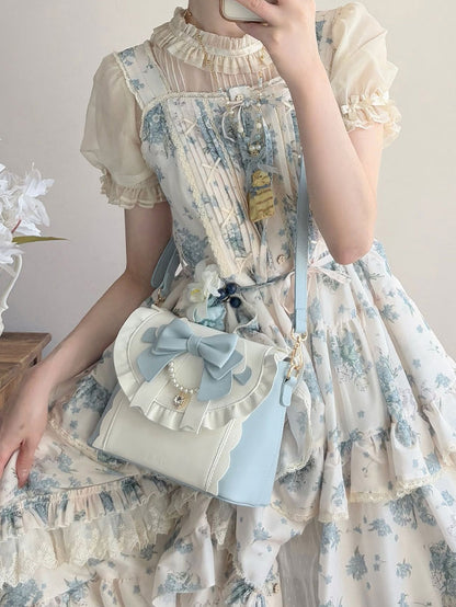 Blue & White Elegant Lolita Bag - Sparkling Heart Charm, Beaded Decor Bow & Dual Interchangeable Straps
