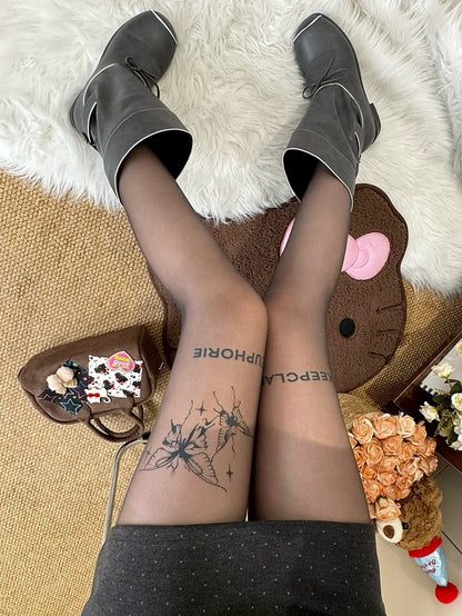 Black Butterfly And Letter Print Tights