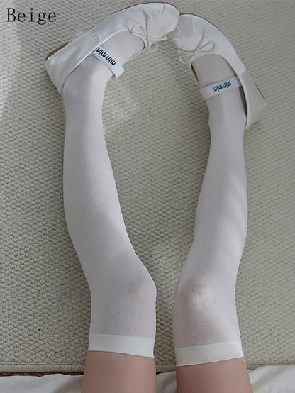 Black/White/Beige/Gray Ribbed Trim Over-knee Sockings