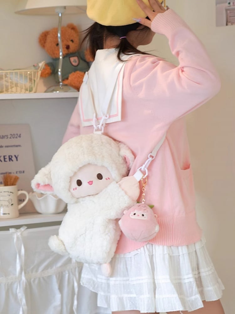 Cute Little Lamb White Plush Backpack/Crossbody Bag + Keychain