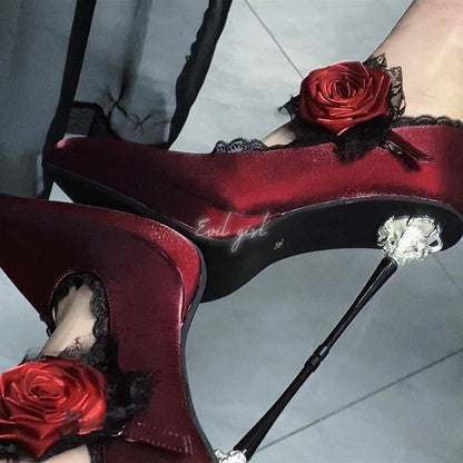 Red Gothic Floral Decorated Pointed Toe Satin High Heels
