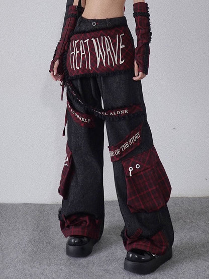 Letters Embroidery Black Punk Cargo Jeans with Plaid Pockets