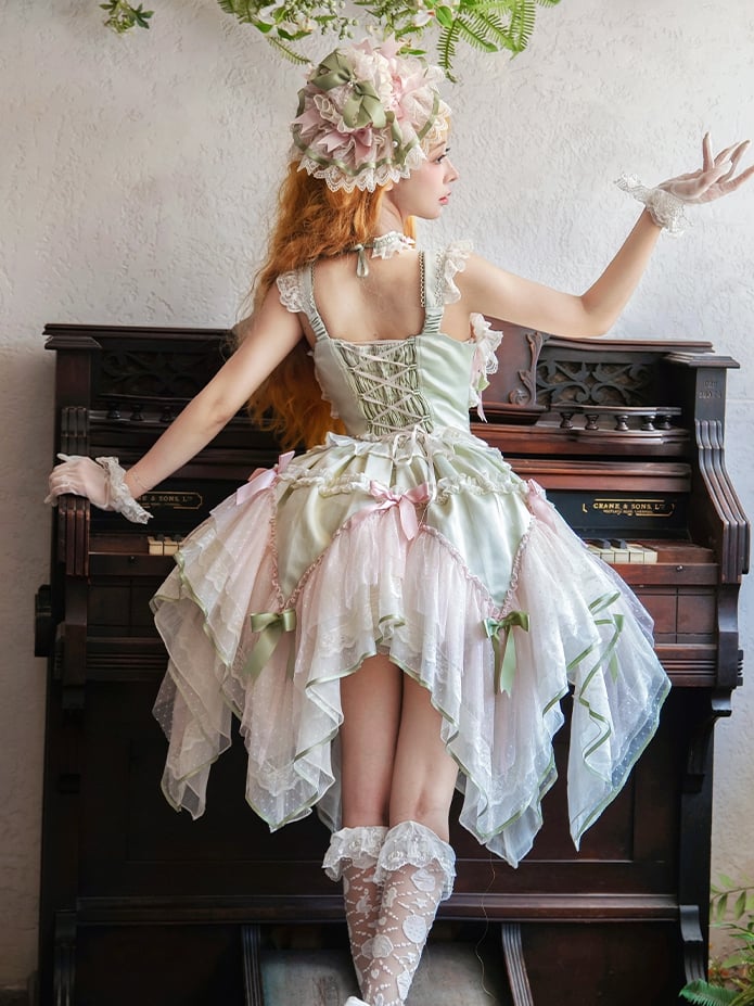 Pink and Green Basque Waist Fairycore Lolita Jumper Skirt with Layered Handkerchief Hem