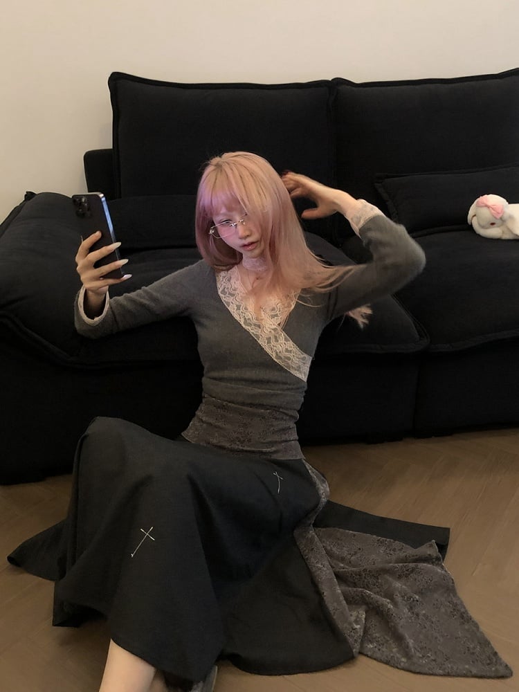 Black/Dark Gray Gothic Lace Embroidered Ankle-Length Skirt with Cross Stitch Detailing