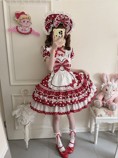 White Polka Dots Red Square Neckline Lolita Short Sleeves Dress with Apron
