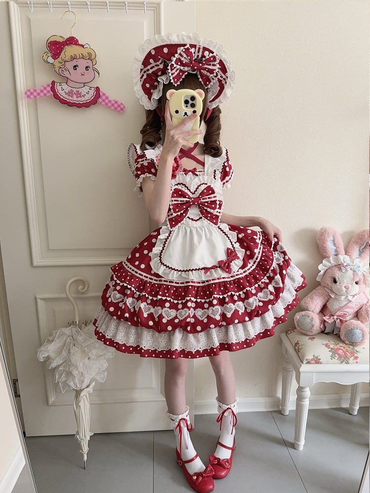 White Polka Dots Red Square Neckline Lolita Short Sleeves Dress with Apron