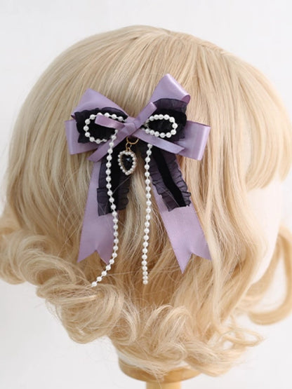 Black and Purple Lolita Bowknot Hairclip with Bead Chain and Heart Charm