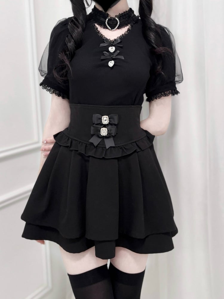 Bowknot and Rhinestone Decoration Choker Design Black Jirai Kei Blouse