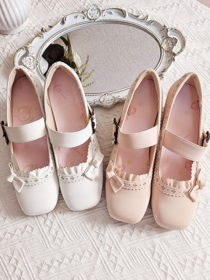 Ruffle Straps, Snap Closure & Bow Accents PU Apricot Low/Mid Heels in Elegant Lolita