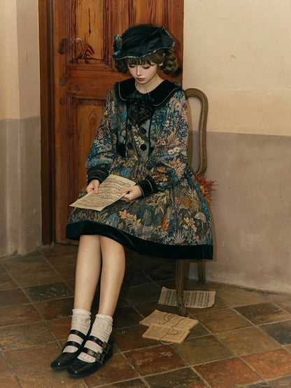 Green & Blue Floral Print Long-Sleeve Elegant Classic Lolita Dress with Black Collar and Cuffs