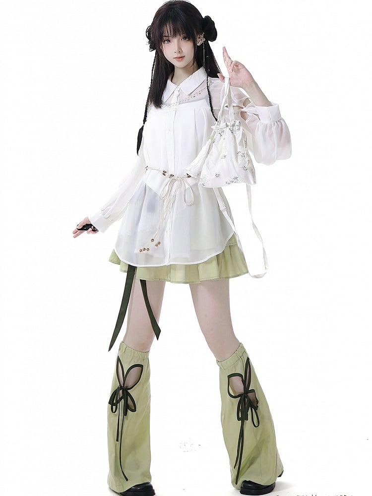 Green Cheongsam Style Elastic Waist Tiered Skirt with Waist Belt