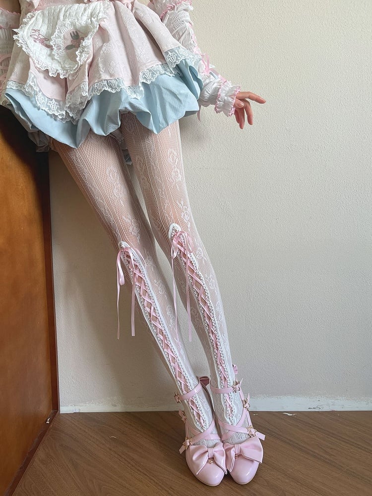 White Floral Pattern Hollow-out Tights With Pink Lace-up Design