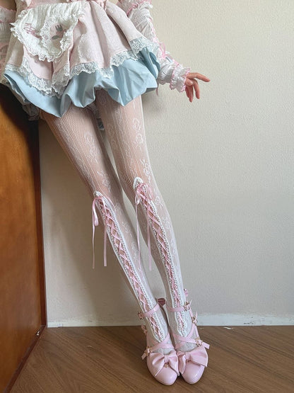 White Floral Pattern Hollow-out Tights With Pink Lace-up Design