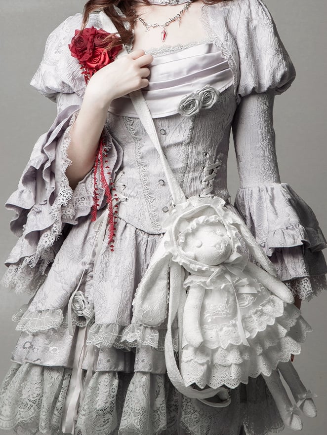 White Rosette and Bowknot Embroidery Dress + Bunny Ears Hat