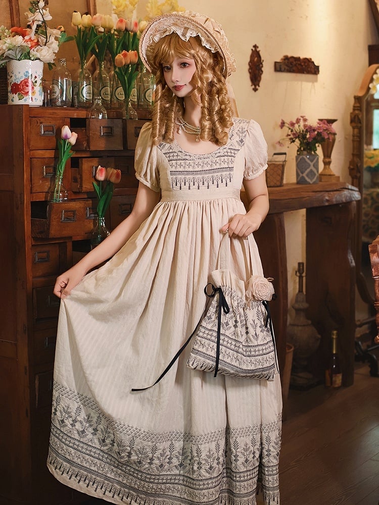 Blue Vintage Embroidery Empire Waist Elegant Lolita One Piece Long/Short Version