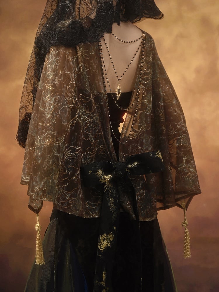 Gold High-low Design Cutout Back Shawl with Tassels and Bead Chain