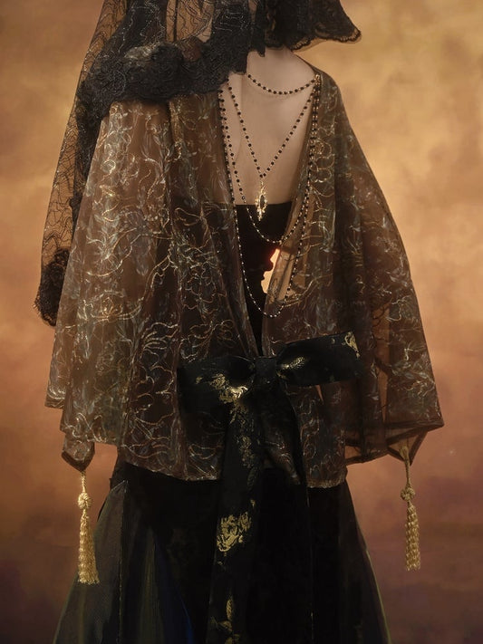 Gold High-low Design Cutout Back Shawl with Tassels and Bead Chain