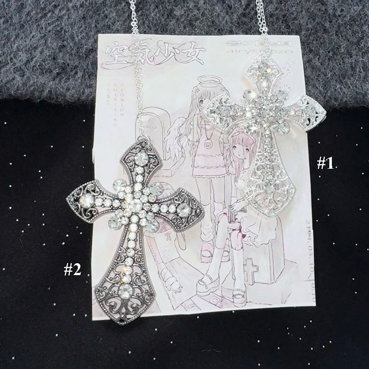 Silver/Ancient Silver Rhinestone Embellished Cross Necklace