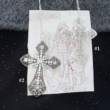 Silver/Ancient Silver Rhinestone Embellished Cross Necklace