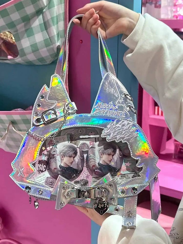 Kitty Ear Design Bowknot Studs Detail Holographic Color PU Tote Ita Bag with Free Card Holder